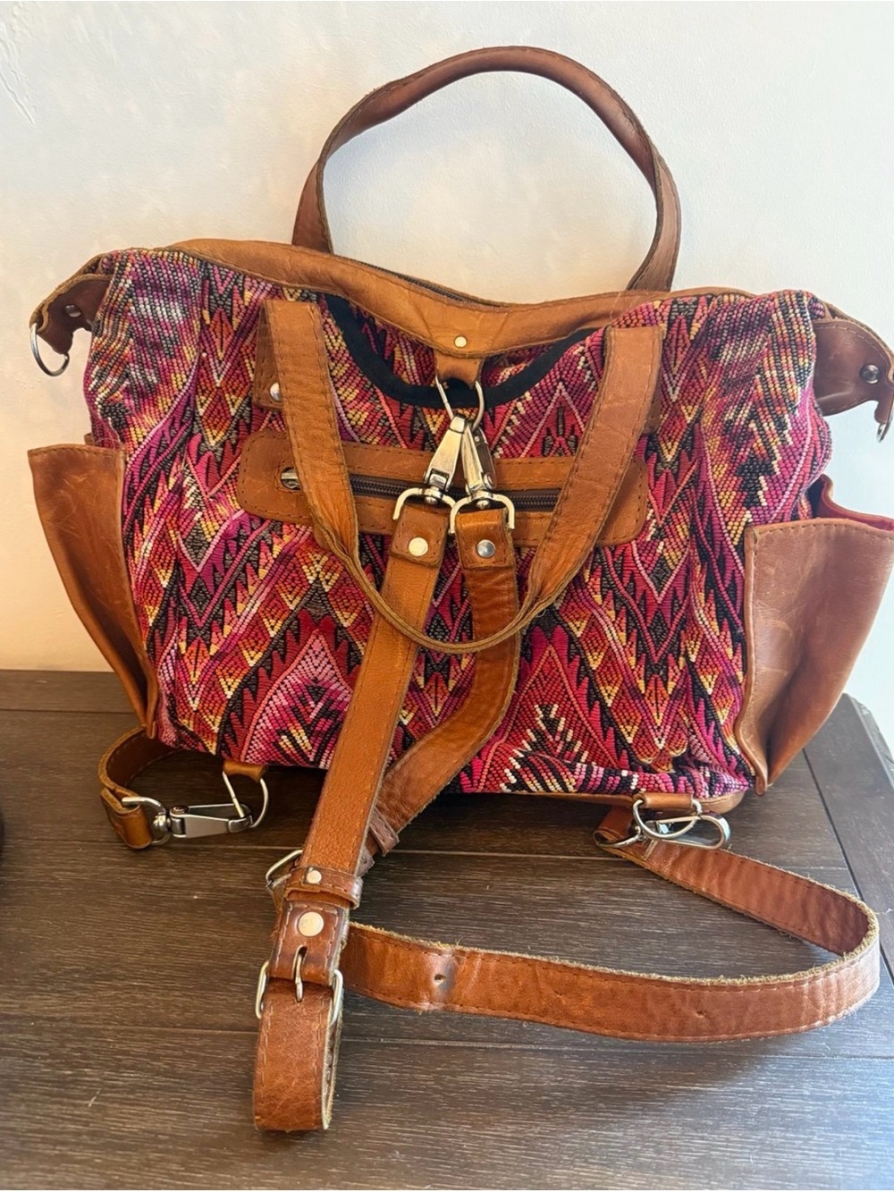 Handwoven Pink Patterned Tote Bag with Leather Trim - Picture 2 of 11